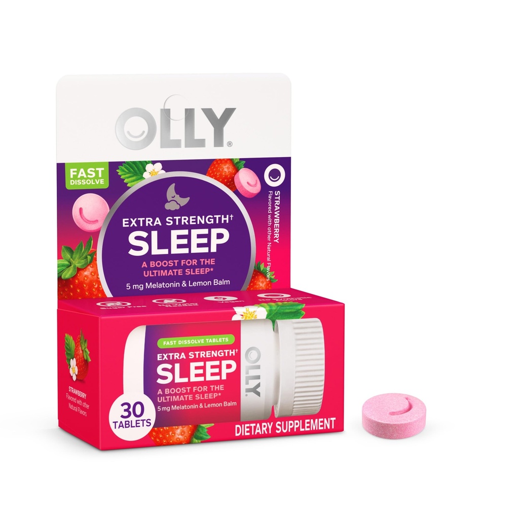 OLLY extra styrka sova snabbt lösa tabletter, 5mg Melatonin, Vegan, jordgubbe - 30ct