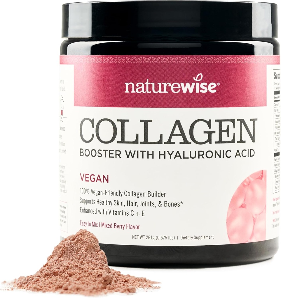 NatureWise Vegan Collagen Powder - Booster Formula for Healthy Hair, Skin, & Nails with Hyaluronic Acid, Vitamin C and E, Protein - Mixed Berry Flavor - Dairy-Free, Non-GMO - 15 servings