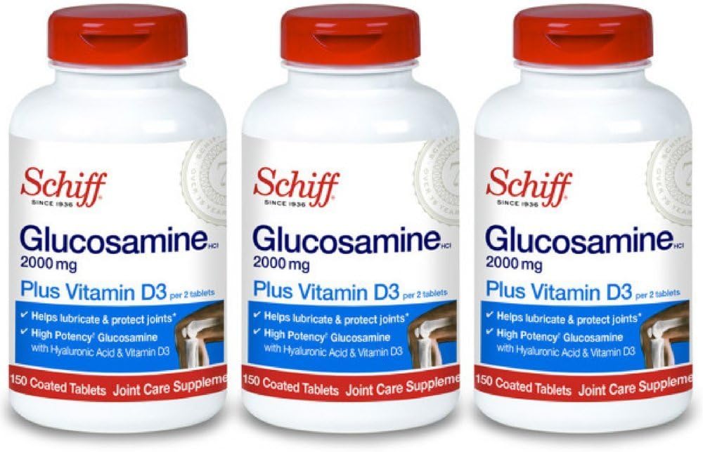 Schiff Glucosamine 2000mg med vitamin D3 och Hyaluronsyra, 150 tabletter - Gemensamt tillskott (Pack of 3)