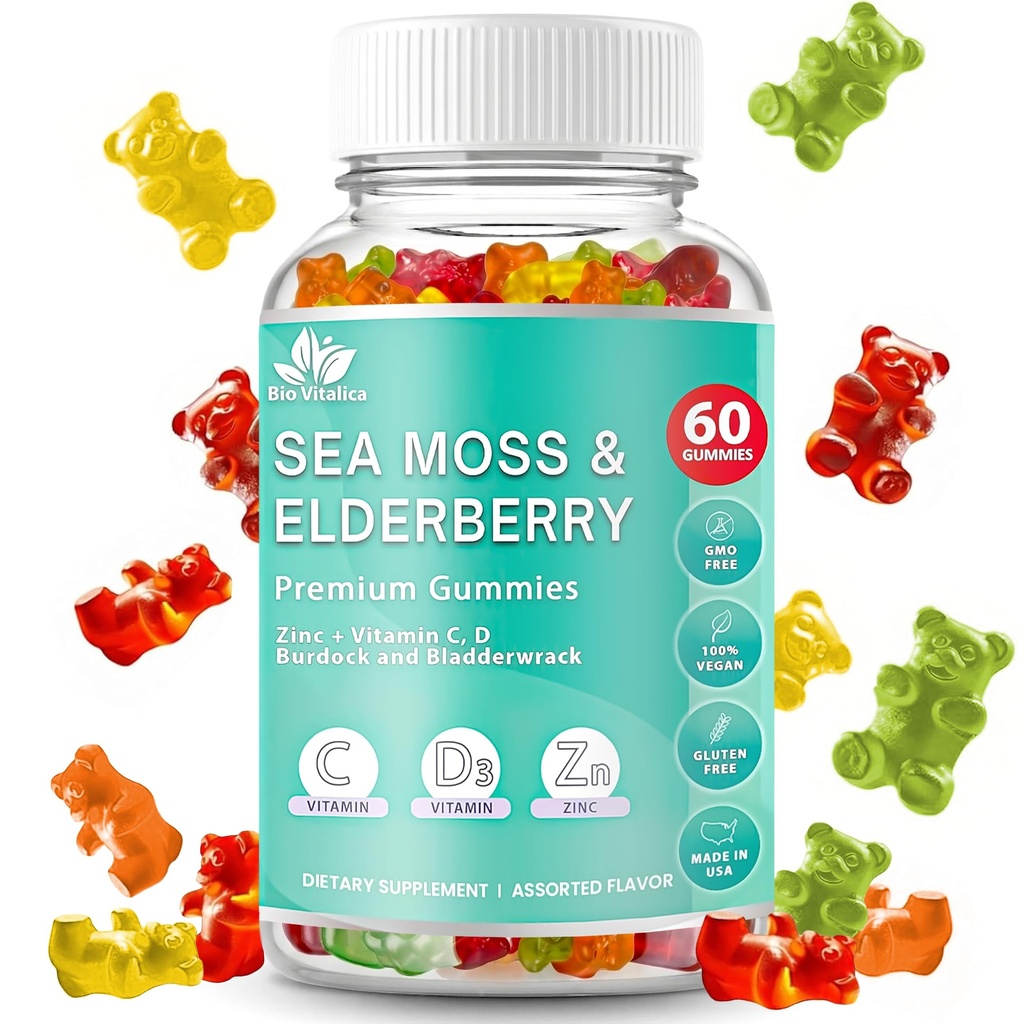 BIO VITALICA Sea Moss Gummies Elderberry BioVitalica - Vitamin C D + Zink - Irländsk Seamoss Vegan Gummy med Sea Moss Gel & Powder för immunitet, Detox - för vuxna och barn