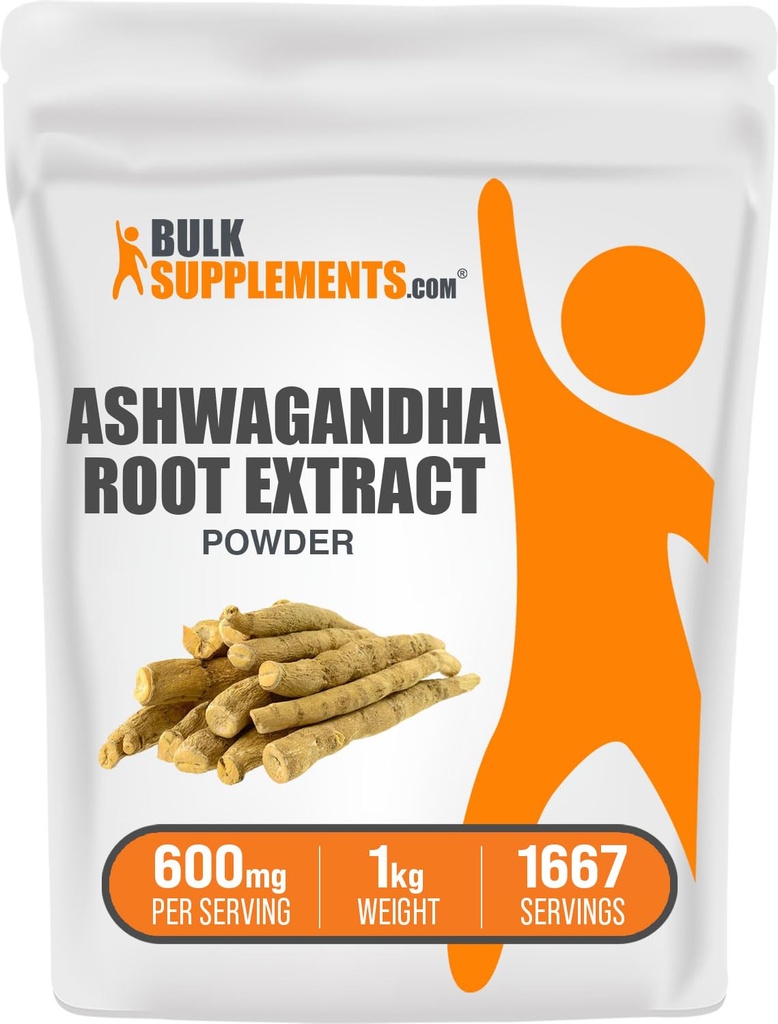 BulkSupplements.com Ashwagandha Root Extract Powder - Ashwagandha Supplement, Herbal Supplement - Vegan & Gluten Free, 600mg per Servering, 1kg (2,2 lbs) (Pack av 1)
