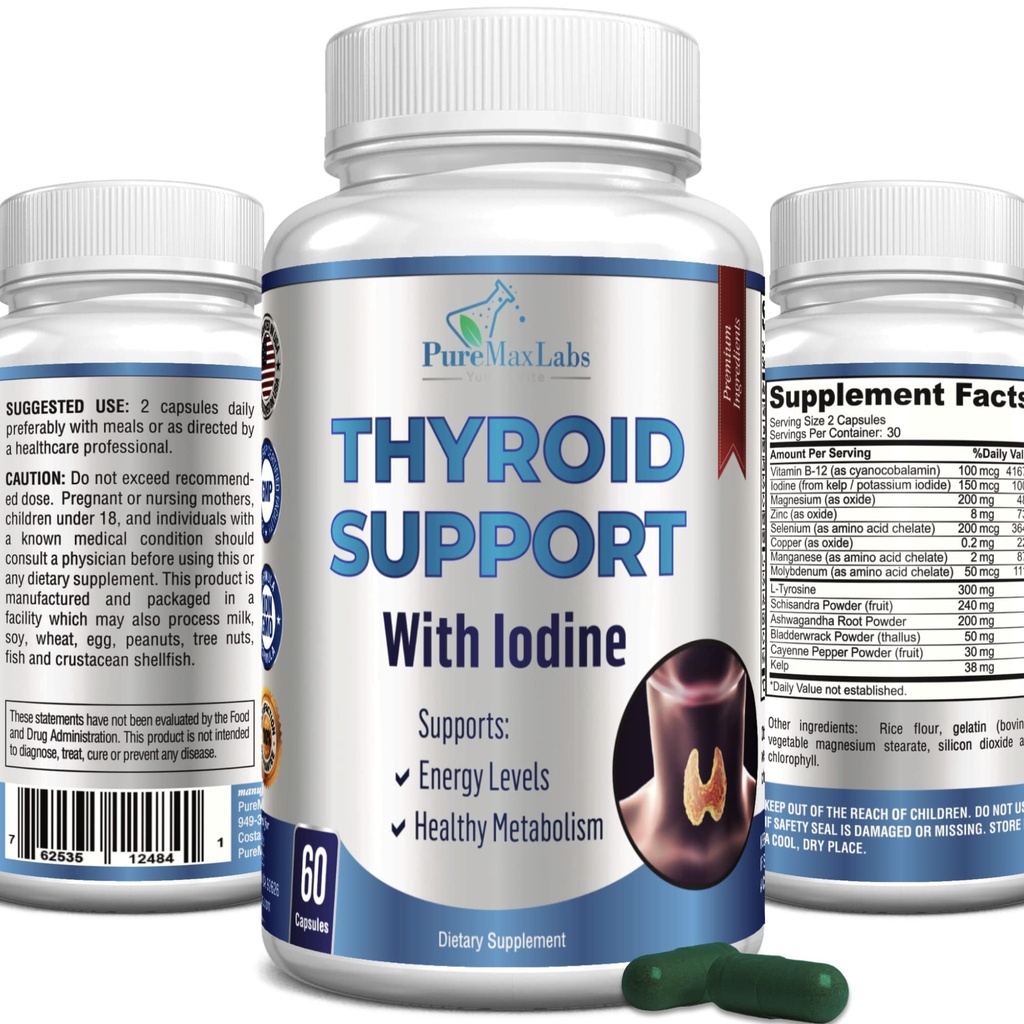 Thyroid Support med jod - Metabolism Booster, Energy Booster, Öka fokus - Premium Non-GMO Thyroid Supplement 60 kapslar