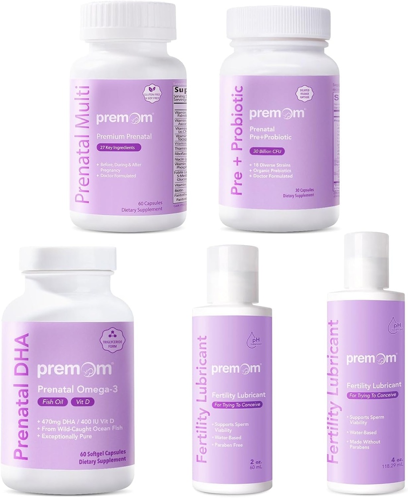 Premom Multivitamin för kvinnor + Prenatal DHA Fish Oil + Prenatal Pre & Probiotics + Personlig fertilitet smörjmedel för konception 2 & 4 Fl Oz