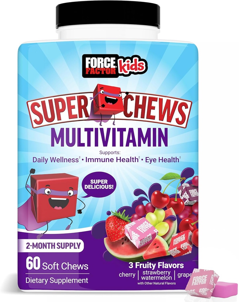 Force Factor Kids Multivitamin Super Chews, Kids Vitaminer för att stödja Wellness, Immune Health, Eye Health och mer med 18 vitaminer, mineraler och antioxidanter, 2-månaders leverans, Multi-Flavor, 60 Mjuka Chews