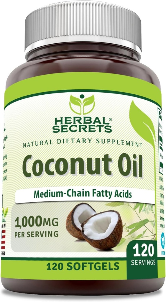 Herbal Secrets Coconut Oil 1000 Mg 120 Softgels Supplement | Non-GMO | Gluten Free | Tillverkad i USA