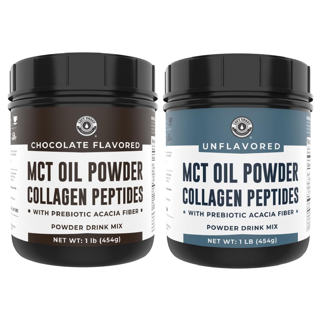 Vänsterkustprestanda Chocolate MCT Oil Powder & Collagen Peptides, 1lb + Unflavored MCT Oil Powder & Collagen Peptides, 1lb