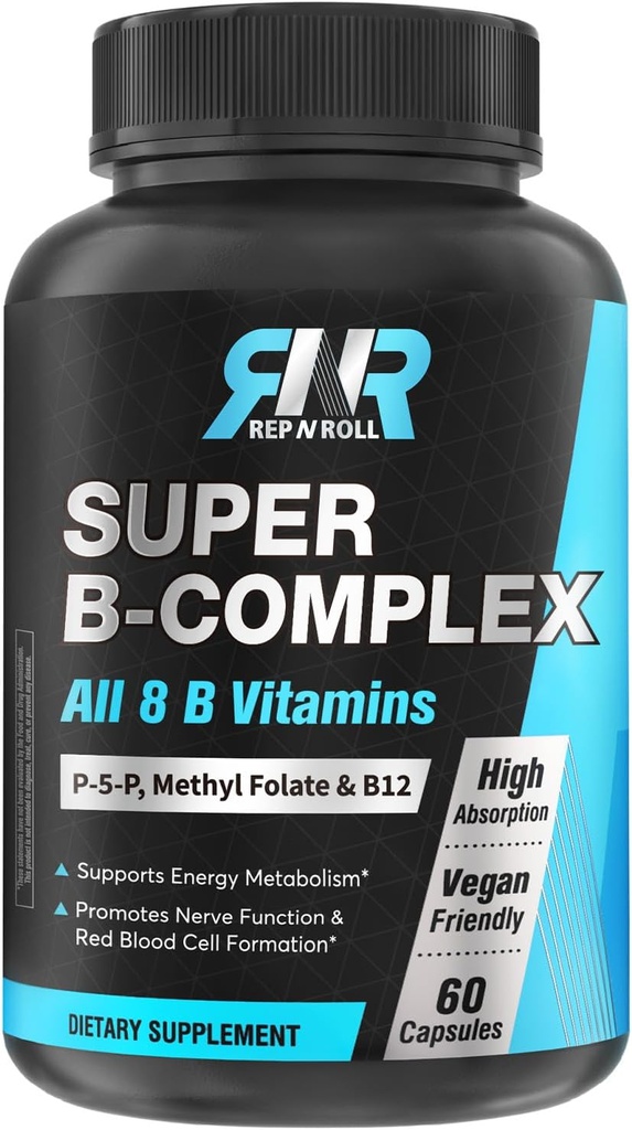Super B Complex, 8 Bioactive B-vitaminer, med Methyl Folate, Methyl B12, P-5-P (Vitamin B6), D-Biotin, Niacinamide, High Absorption, Non GMO, Energy Production Support, 60 Vegan Caps