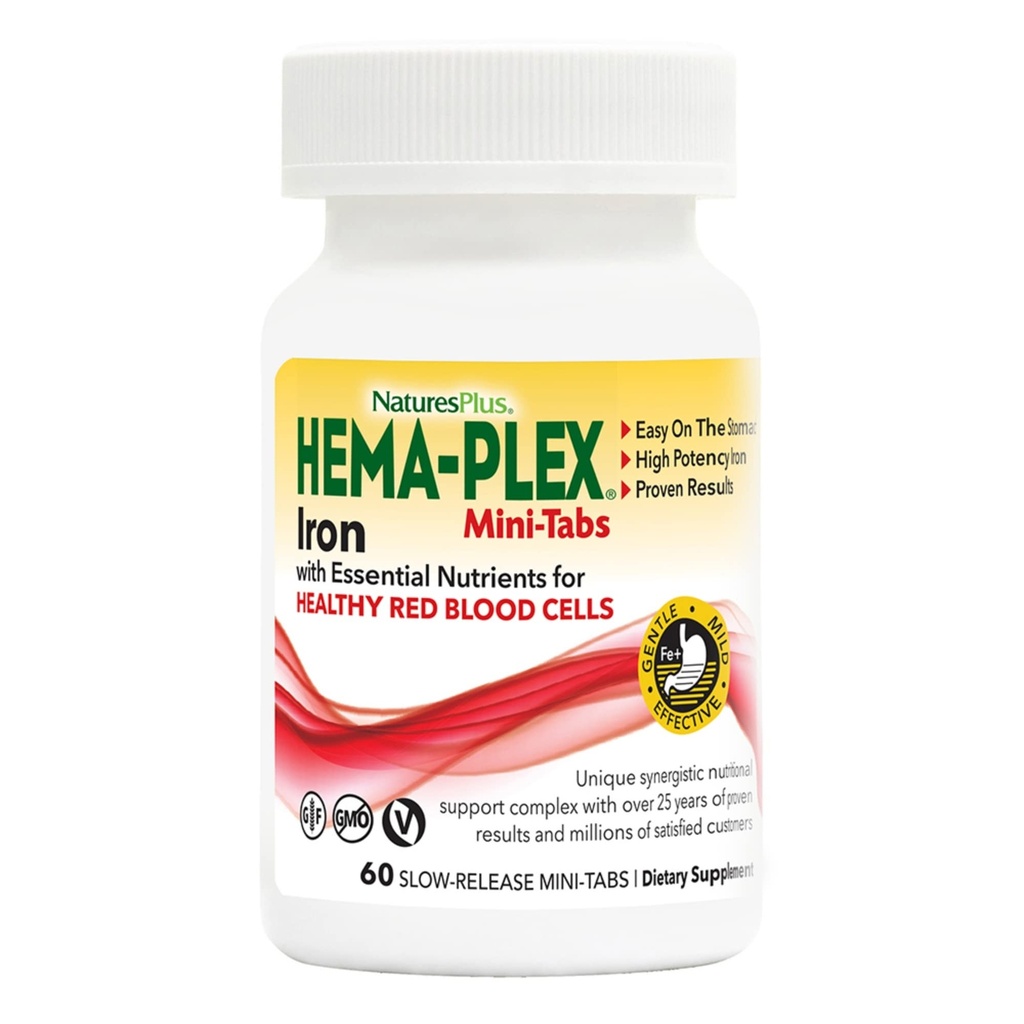 NaturesPlus Hema-Plex Iron - 60 Slow-Release Mini-Tabs - 85 mg Chelated Iron - Totalt blodhälsa - med vitamin C & Bioflavonoider - Vegan, Gluten Free - 30 portioner