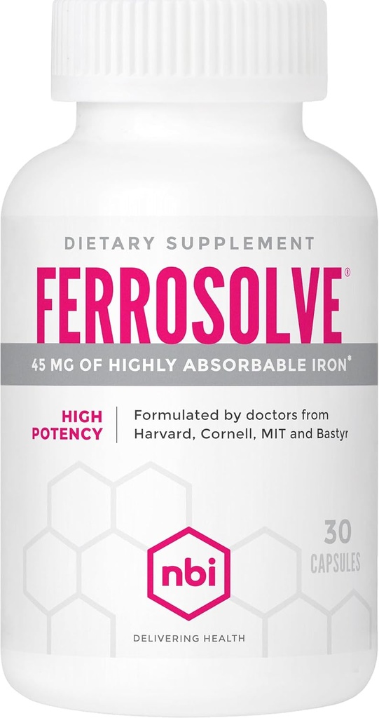 NBI FerroSolve, bästa absorptionsjärntillskott 45 mg | Hög styrka | GI Safe | 30ct Veggie kapslar