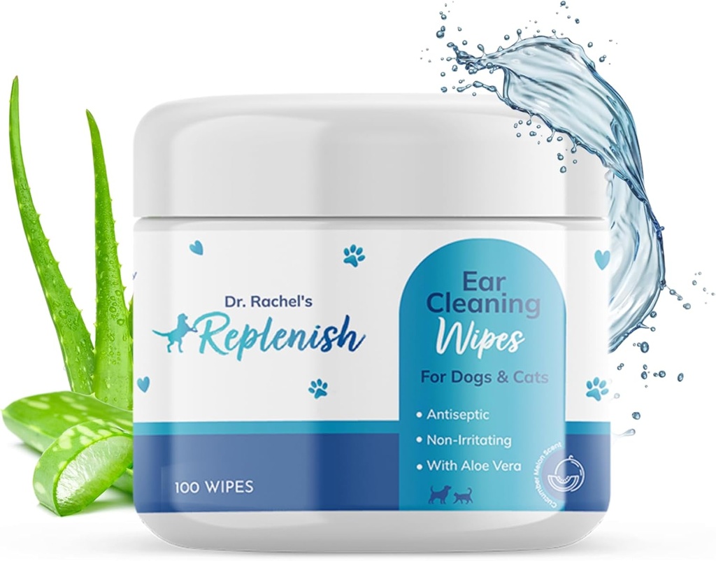 Replenish Cat and Dog Ear Cleaning Wipes - Gentle Medicated Ear Wipes for Dogs - Cucumber Melon Scent - Dog Ear Cleaner & Cat Ear Wipes för rengöring, lugnande och deodorizing Itchy Ears - 100 Count