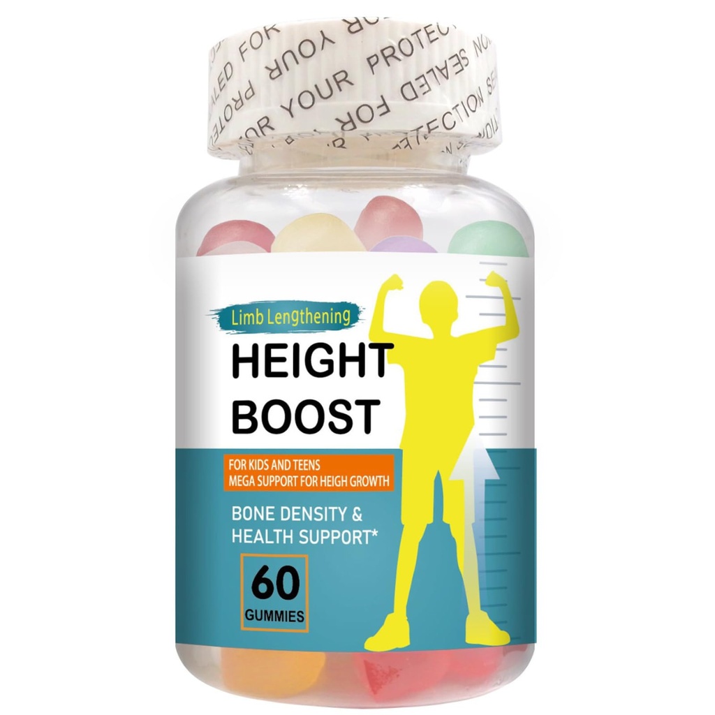 Höjd Boost Bone Growth Gummies för barn & tonåringar - naturligt tillväxtstöd med kalcium, vitamin D3, K2, Collagen Hydrolysate & Herbal Blend - Ben Styrka & Höjd Supplement - 60 Gummies