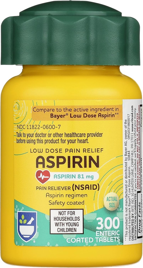 Rite Aid Aspirin Enteric Tablets, 81 mg Aspirin - 300 Count, Low Dose Pain Relief, Aspirin for Headache Relief, Enteric Safety Coated Tablets, Aspirin Regimen, Migraine Medicine, Pain Relief