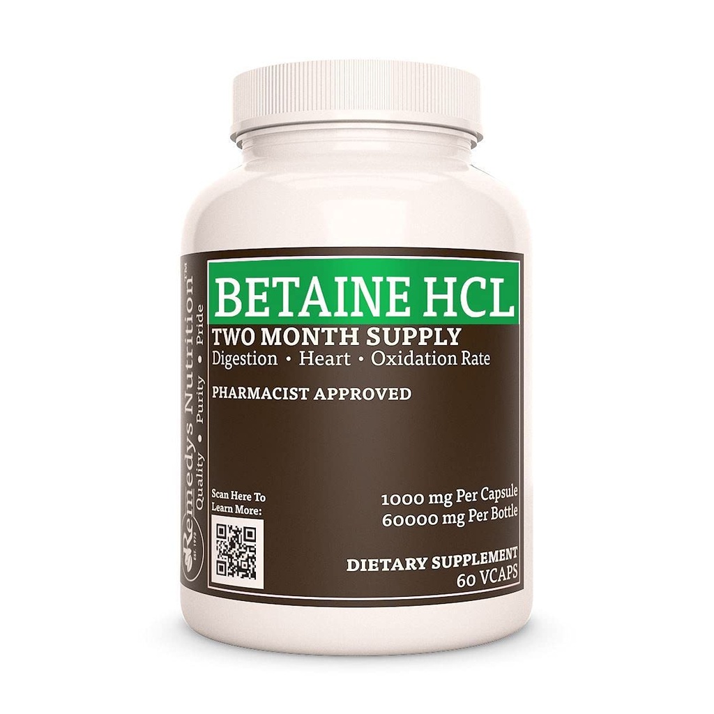 Remedy's Nutrition Betaine HCL (Hydrochloride) | 1000 mg, 60 kapslar Dietary Supplement | Tvåmånaders Supply | Innehåller också Calciumkarbonat, Papain & Bromelain