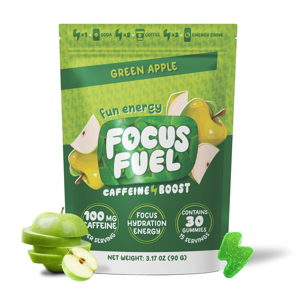 FocusFuel Energy Chews – Green Apple Flavor (15 portioner) – 100mg Caffeine + B12, Magnesium, Alpha GPC – Boost Focus & Energy – No Crash eller Jitters