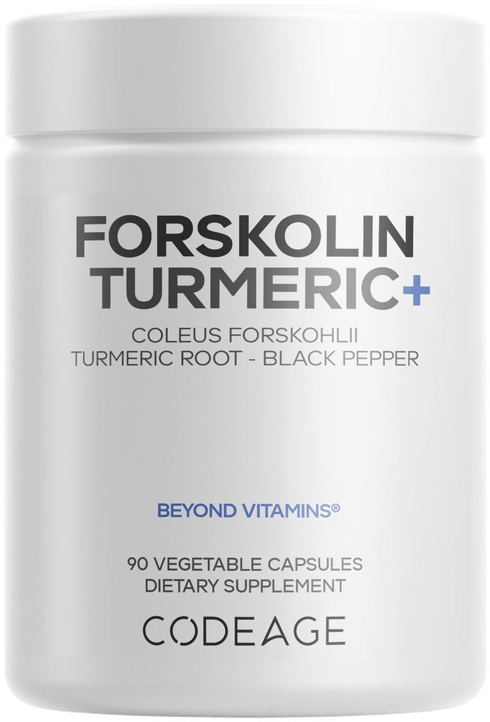 Codeage Forskolin, Pure Forskolin Coleus + Organic Turmeric Root Powder, 95% Curcuminoids + Bioperine Black Pepper - 20% Standardized Coleus Forskohlii Supplement - Non-GMO - 90 kapslar