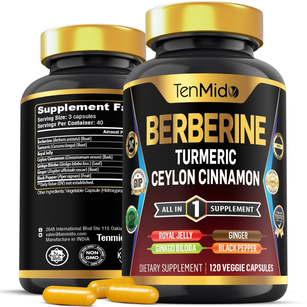 Berberine Supplement - 7in1 Formel - Kombinera med gurkmeja, Royal Jelly, Ceylon Cinnamon, Ginkgo Biloba, Ginger & Black Pepper - Digestive Health, Immune Support - 120 kapslar