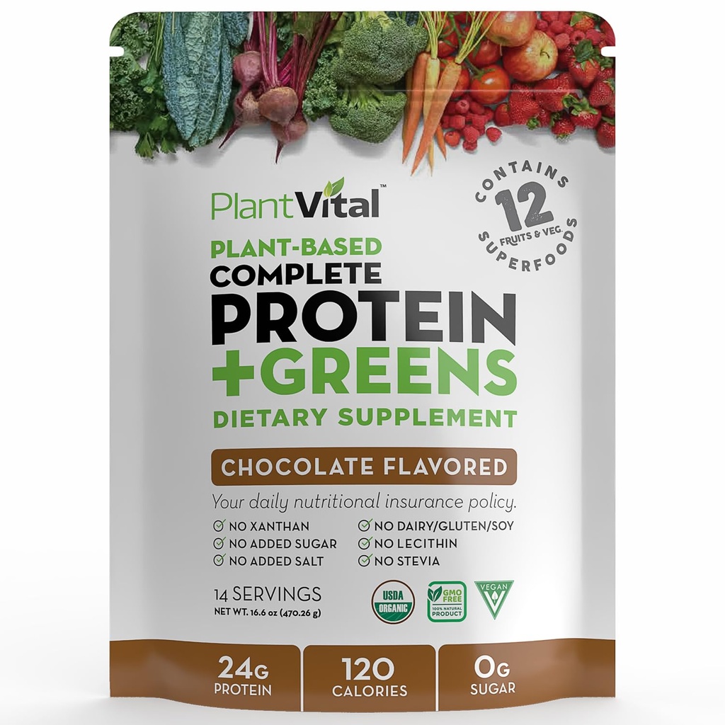 PlantVital Vegan Protein Powder Plant Based, Organic Protein Powder Chocolate, 24g/0g sugar, 12 Superfoods, Veggies, Probiotics, Raw Cocoa, Kale, Beets, Spirulina, Pea, Gluten-Free, Keto-Friendly,16oz
