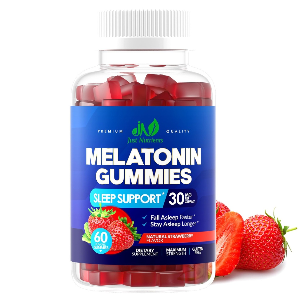 Melatonin 30mg Gummies för vuxna (60 portioner) - Maximal styrka sömnstöd med 30 mg Melatonin Per Gummy - Glutenfri, sockerfri, icke-GMO, 100% vegetarisk, jordgubbsmak - 60 Gummies