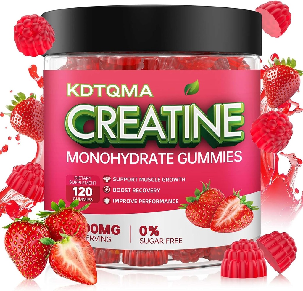 Kreatinmonohydrat Gummies för män och kvinnor 120 CT - 5600 mg kreatinmonohydrat per servering, tuggbar kreatinmonohydrat för muskelstöd och energiökning, sockerfri, vegan (strawberry smak)