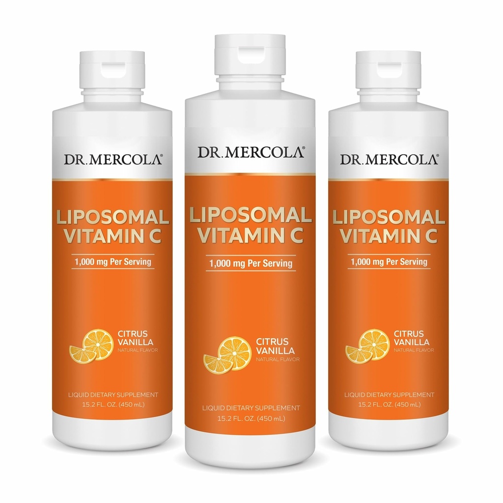 Dr Mercola Liquid Liposomal Vitamin C - Antioxidant & Immune Support Supplement - Inkluderar vitamin E - GMO-Free, Gluten-Free & Soy-Free - Citrus Vanilla Flavor - 450 ml (30 portioner) - 3 Pack