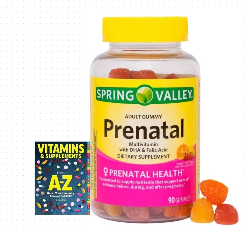 Spring Valley Adult Gummy Prenatal Multivitamin med DHA & Folic Acid, Natural Fruit Flavors, 90 Gummies + Bättre guide vitaminer kosttillskott