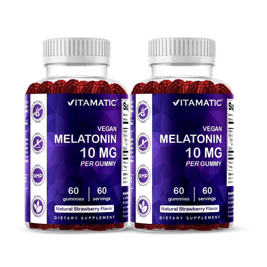 Vitamatic Melatonin 10 mg Vegetariska Gummies - Icke-Habit Forming - 60 Gummies per flaska - 2-pack (Total 120 Vegan Gummies)