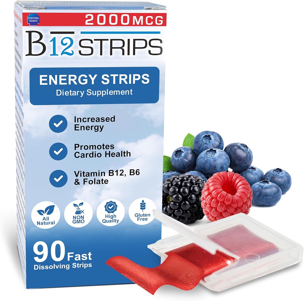 Essential Source 2 000 mcg Methylcobalamin Vitamin B12 Sublingual Energy Strips | Biotin, B6, 5-MTHF L-Methylfolate | Sublingual B12 Vitaminer, Folate | Energi, Hjärnhälsa, Nerve Funktion - 90 Strips