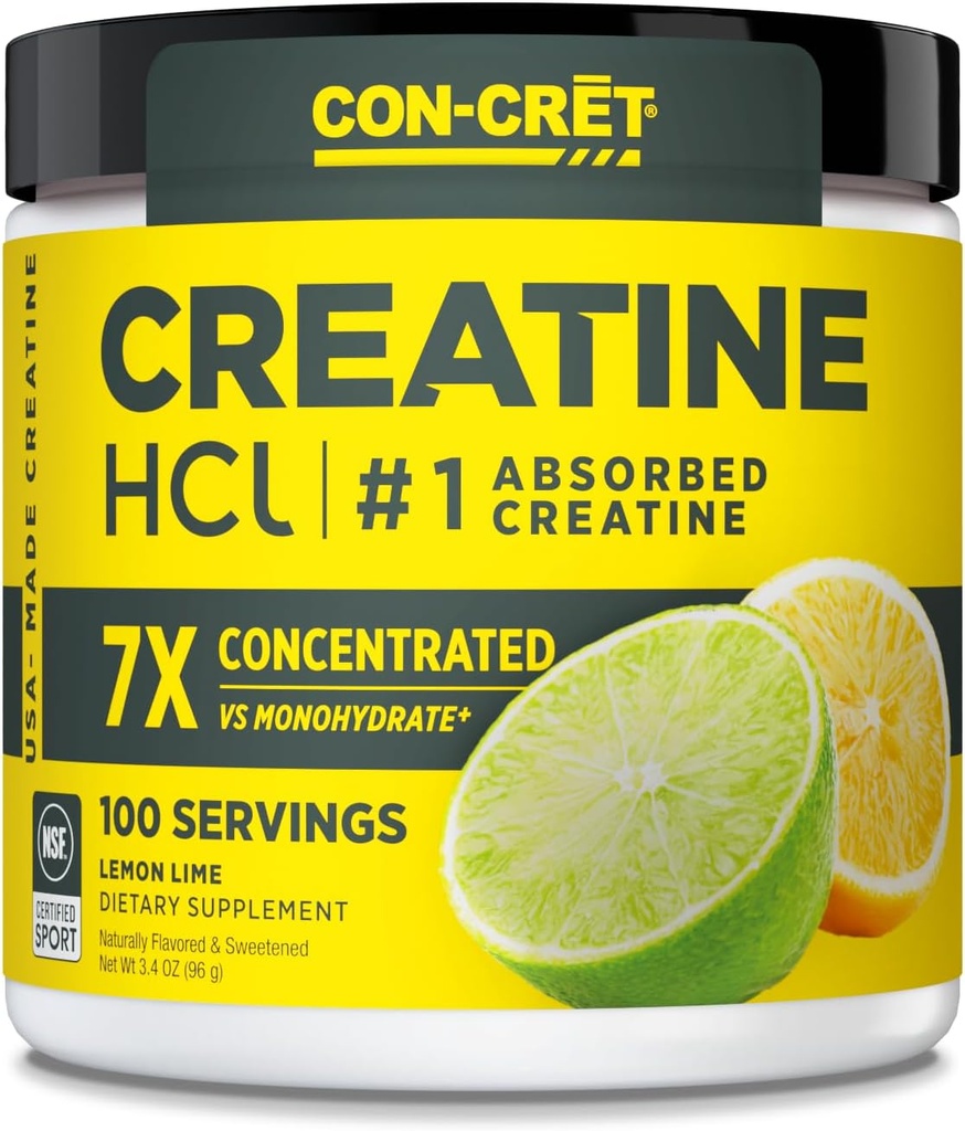 CON-CRET Creatine HCl Powder | Muskel, kognitiv, cellulär energistöd | Inget uppblåst eller kramper | USA Made & NSF Certified | Lemon Lime (100 servering)