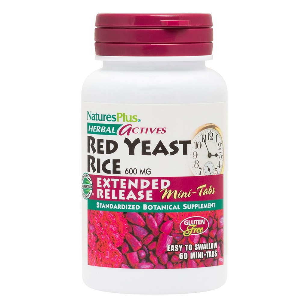 Natures Plus Herbal Actives Red Yeast Rice, Extended Release - 600 mg, 60 Mini tabletter - Herbal Supplement - Vegan, vegetarisk, glutenfri - 30 portioner