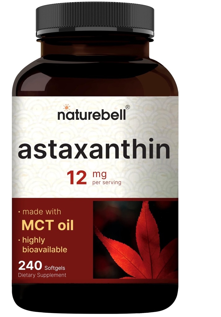 NatureBell Maximal Strength Astaxanthin 12mg, 240 Softgels - 4 månaders leverans - Naturlig antioxidant från Haematococcus Pluvialis Microalgae | Non-GMO, Gluten Free