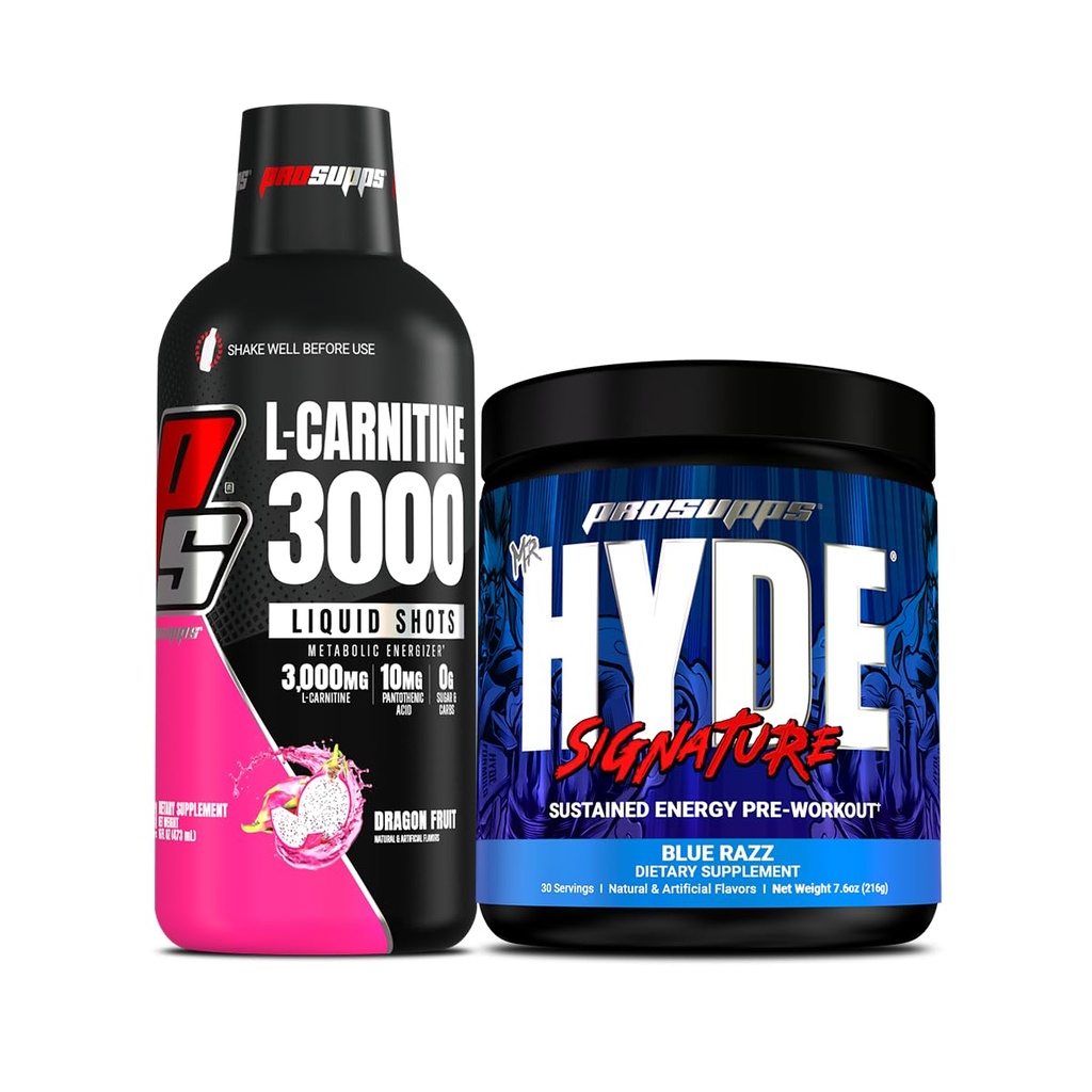 PROSUPPS L-Carnitine 3000 Stimulant Free Liquid Shots (Dragon Fruit) och Mr Hyde Signature Series Pre-Workout Energy Powdered Drink (Blue Razz) Bundle