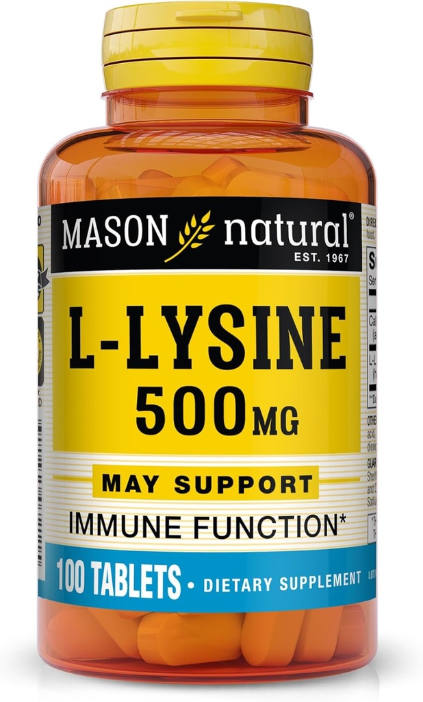 MASON NATURAL L-Lysin 500 mg med Calcium - Förbättrad immunfunktion, Förbättrad näringsabsorption, Essential Amino Acid, 100 tabletter