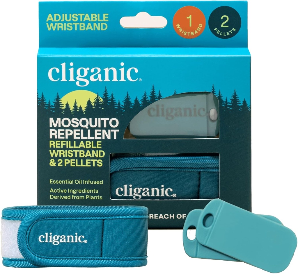 Cliganic Mosquito Repellent Pack (Wristband + 2 Refill Pellets) - Justerbar, naturlig DEET-Free, Essential Oil Infused