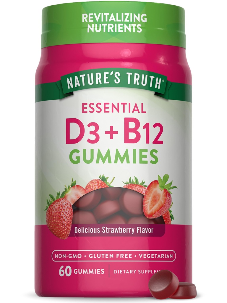 Naturens sannings vitamin D3 och B12 Gummies för vuxna | 60 greve | Strawberry smak | Vegetarisk, icke-GMO & Gluten fri tillägg