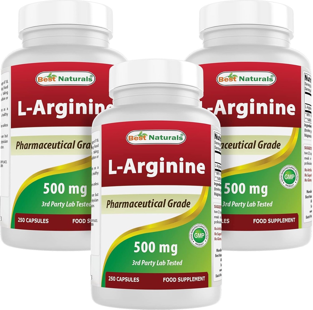 Bästa naturliga L-arginin 500mg 250 kapslar (250 greve av 3)