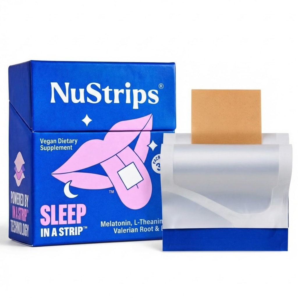 NuStripsTM Fast-Dissolving Sleep Strips med 5mg Melatonin, Valerian Root, L-Theanine & Vitamin B6 - Blueberry Flavor - Natural Sleep Aid, Vegan, Non-GMO, Gluten Free - Fall Asleep Fast (30 Strips)
