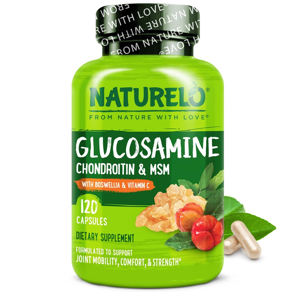 NATURELO Glukosamin Chondroitin MSM med Boswellia och vitamin C - Tillägg för gemensam komfort, rörlighet och styrka - 120 kapslar