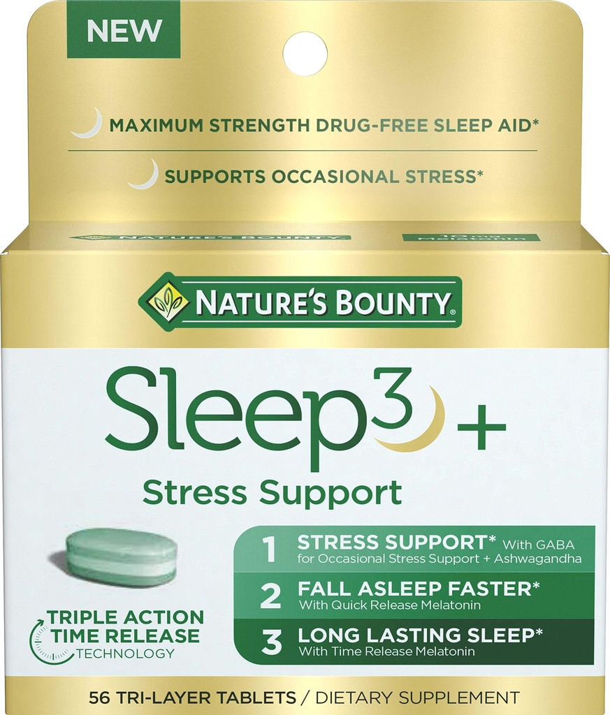 Naturens Bounty Stress Support Plus Melatonin, Sleep3 Maximal Styrka 100% Drug Free Sleep Aid, Kosttillskott med Ashwagandha, Time Release Technology, 10mg, 56 Tri-Layered tabletter