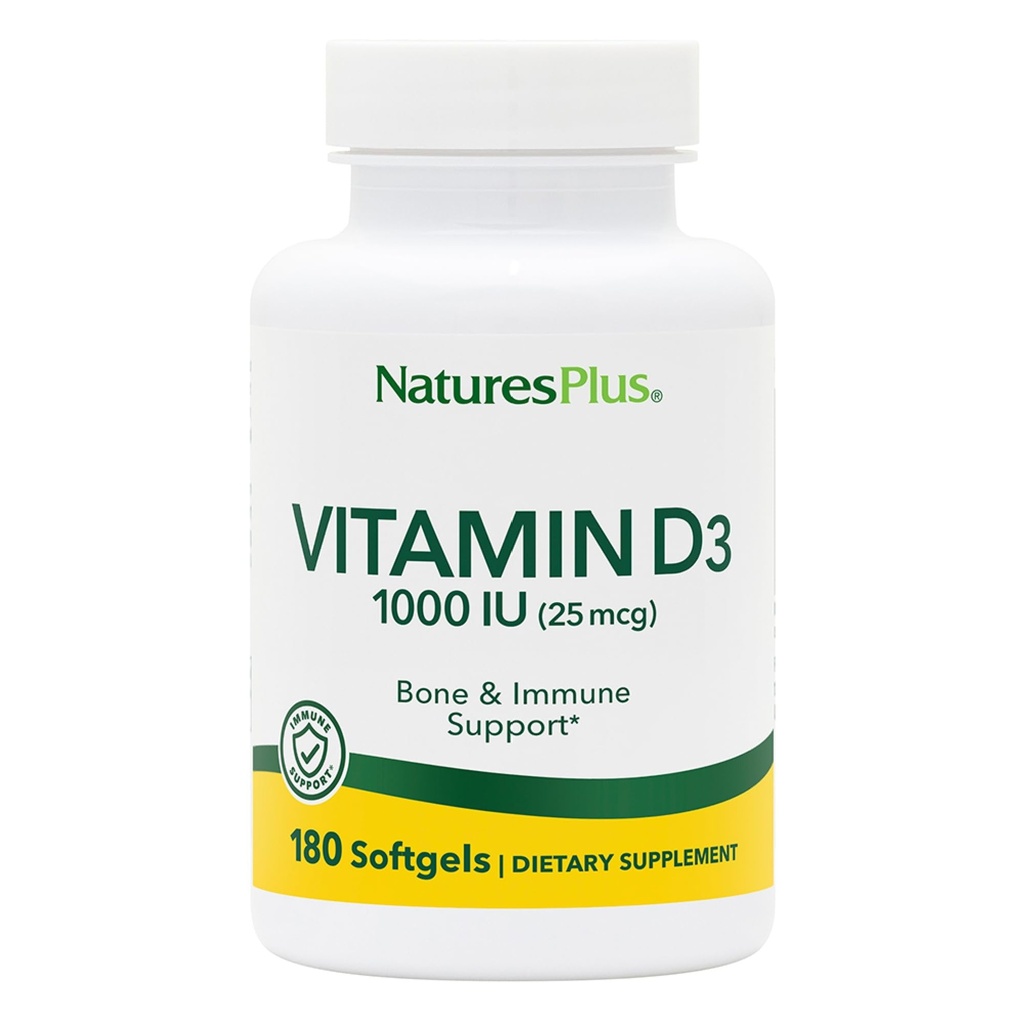 Natures Plus Vitamin D3 (Cholecalciferol) - 1000 iu, 180 Softgels - Näringsstöd för friska ben och immunsystemstöd - Bioavailable Active Form - Glutenfri - 180 portioner