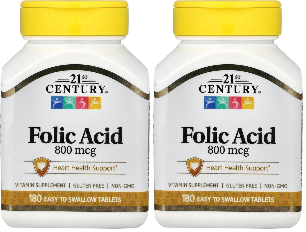 21st Century 800 mcg Folic Acid tabletter, Assorted, 180 greve (Pack of 2)