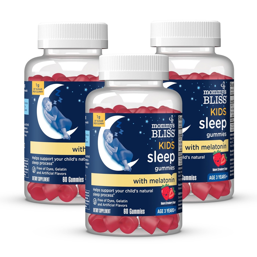 Mammas Bliss Kids Sleep Gummies med Melatonin, Stöd din naturliga sömnprocess, 3 år till vuxna, jordgubbsmak, 1G av socker, 60 Gummies (Pack of 3)