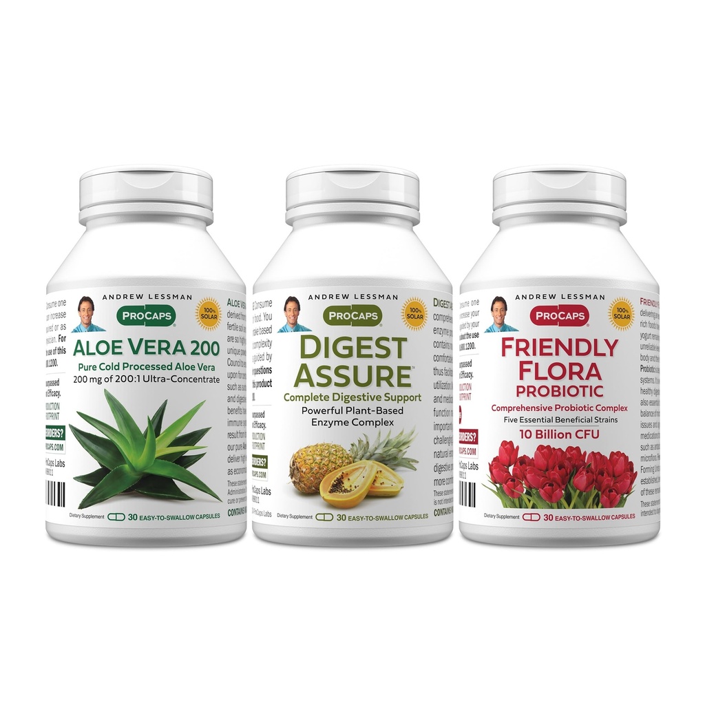 ANDREW LESSMAN Complete Digestion Kit - 90 Capsules - 3-Product Bundle: 30 kapslar var och en av Digest Assure, Aloe Vera-200 och Friendly Flora Probiotic, för riktad stöd till Digestive System