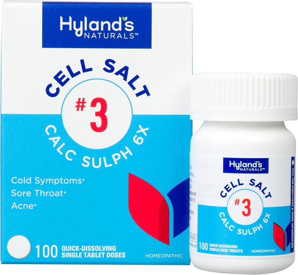 Hylands cell salt nr 3 Calc Sulph 6X tabletter, kall lindring, naturlig homeopatisk lindring av kylor, ömma hals, akne, snabbt lösa tabletter, 100 greve