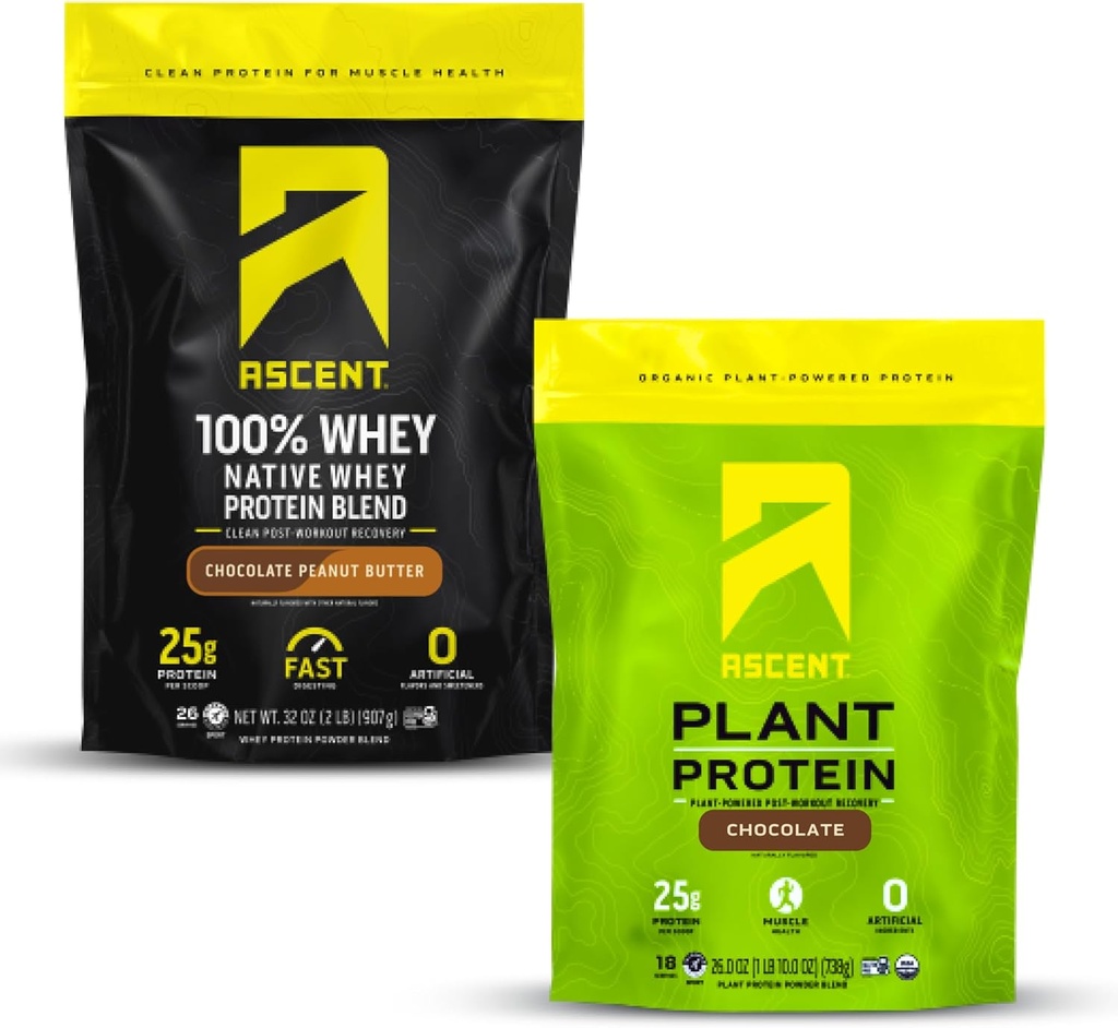 Ascent Whey + växtproteinpulver - Choklad jordnötssmör 2 lb & Choklad 18 portioner