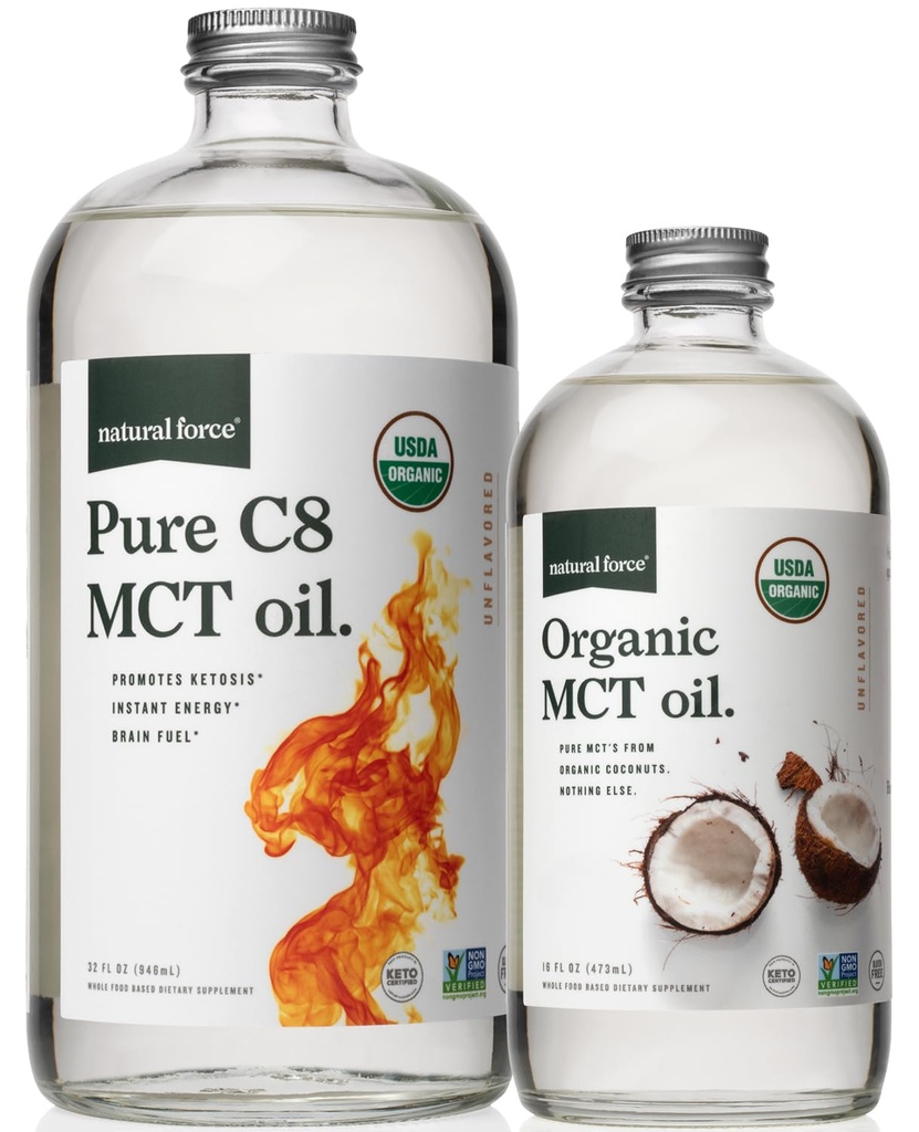 Natural Force Organic Pure C8 + Organic Full Spectrum MCT Olja - USDA Organic, Non GMO, 100% Pure Coconut MCTs - Keto, Paleo, Vegan och Kosher - 32 Oz & 16 Oz Glasflaskor