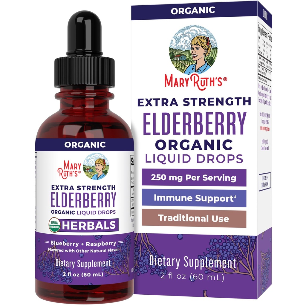 MaryRuth Organics Elderberry Syrup Extra Strength, USDA Organic Elderberry, Sugar Free Adults & Kids Immune Support Supplement for Ages 1+, Clean Label Project Verified®, Vegan, Gluten Free, 2 Fl Oz