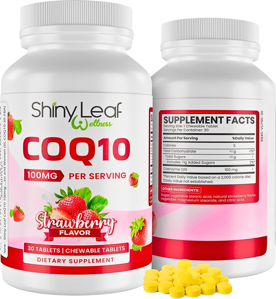 Shiny Leaf CoQ10 100mg - Chewable CoQ10 Supplement - Coenzyme Q10 för hjärthälsa och energi - Natural Co Q 10 Supplement - För kardiovaskulär Wellness - 100mg tuggbara tabletter, 30 tabletter, tillverkade i USA