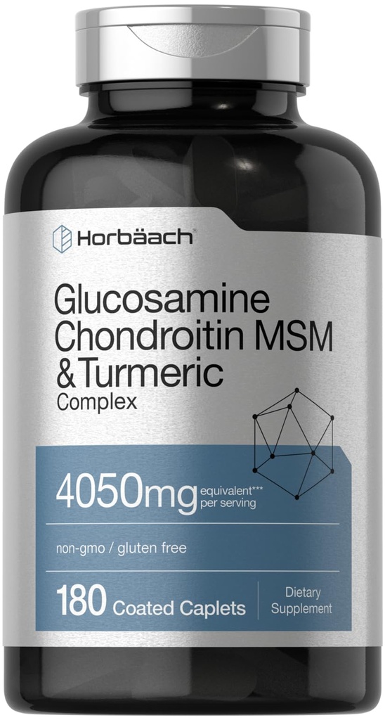 Horbäach Glukosamin Chondroitin MSM | 4050 mg | 180 Caplets | med gurkmeja | Triple Strength Formel | Non-GMO & Gluten Free Supplement