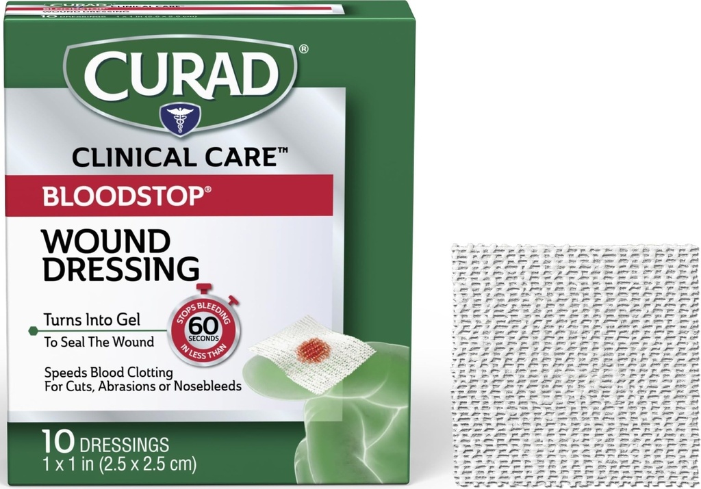 CURAD BloodStop® Wound Dressing | 1 "x 1" | Hemostatic Gauze hjälper till att sluta blöda snabbt | För skär, abrasioner eller näsblod | 10 Greve