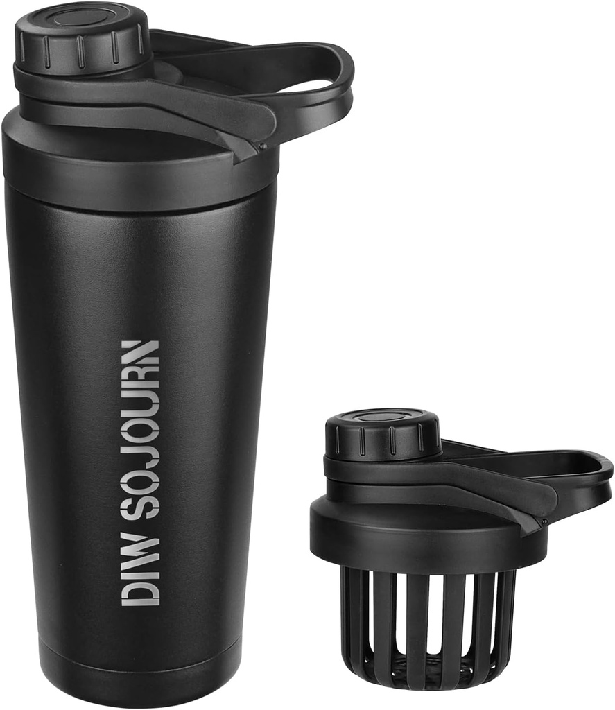 DIW 24 oz Shaker Bottle, Rostfritt stål Shaker Bottle med bullerfri design, isolerad metall Shaker Cup för proteinblandningar och Pre Workout, Gym Bottle Shaker (Black)